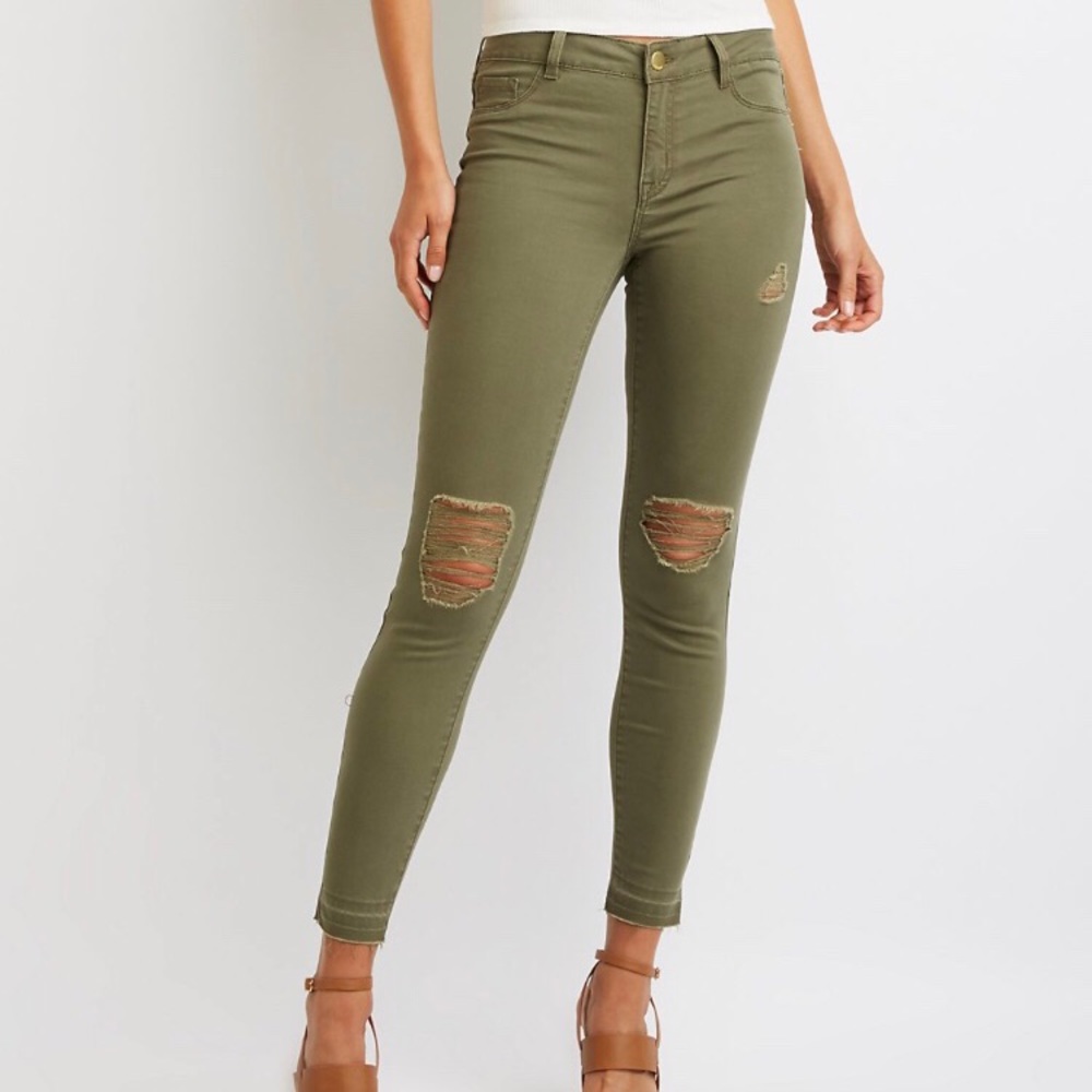 Distressed Olive Skin Tight Jeggings